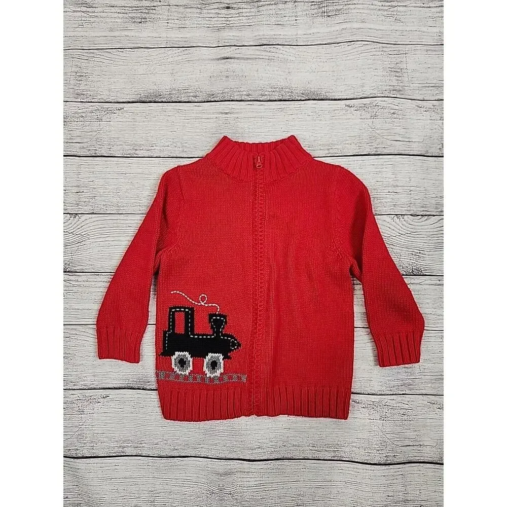 OshKosh B'Gosh Zip Up Sweater Boys Size 24 Months Red Black Train Long Sleeve